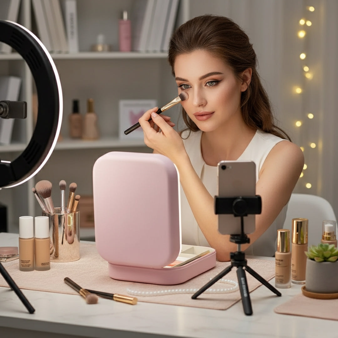 Espejo con luz LED y organizador de maquillaje GlowSpace con ángulo ajustable