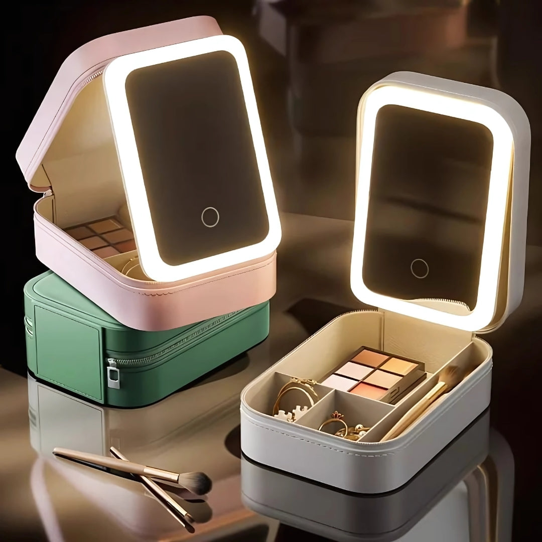Espejo con luz LED y organizador de maquillaje GlowSpace con ángulo ajustable