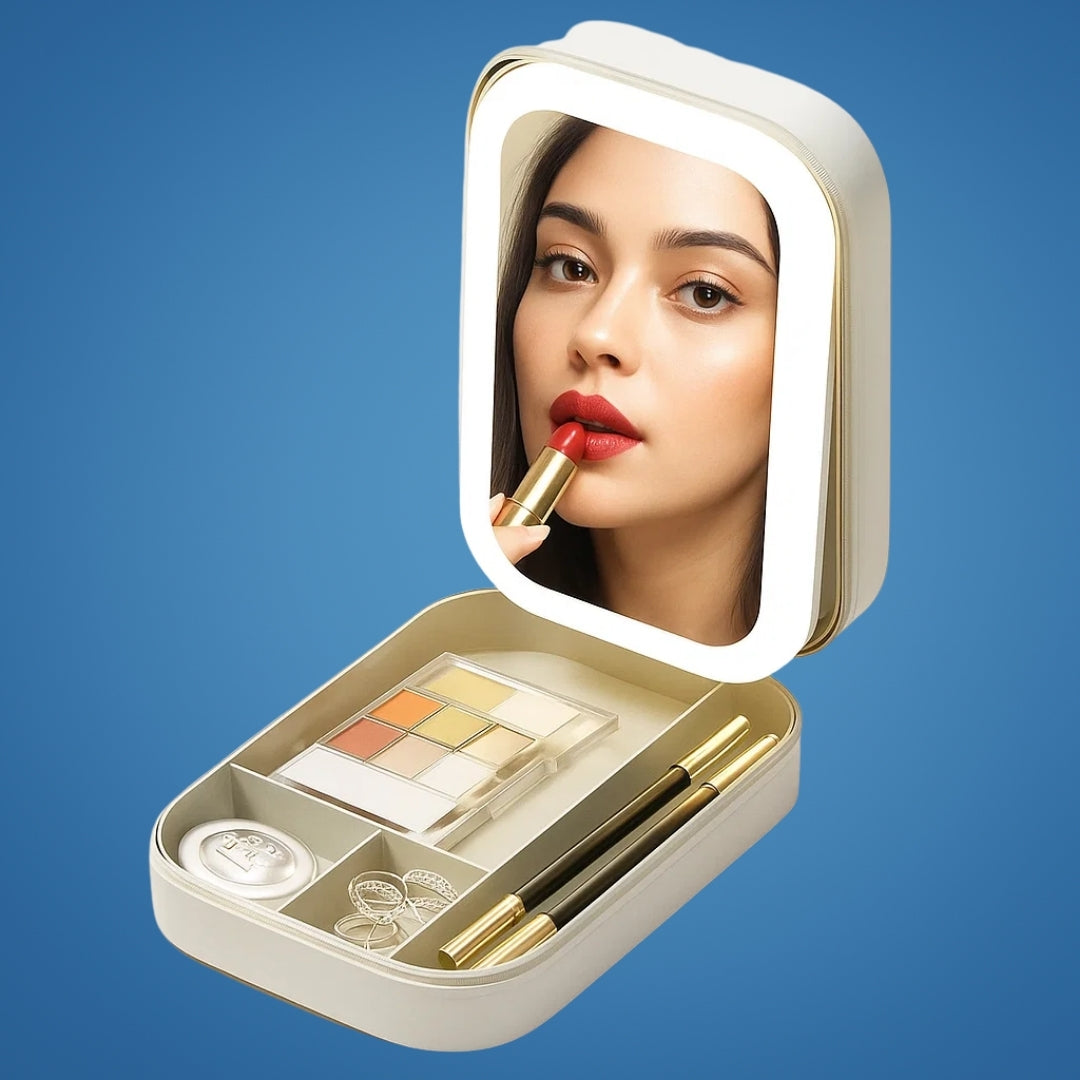 Espejo con luz LED y organizador de maquillaje GlowSpace con ángulo ajustable
