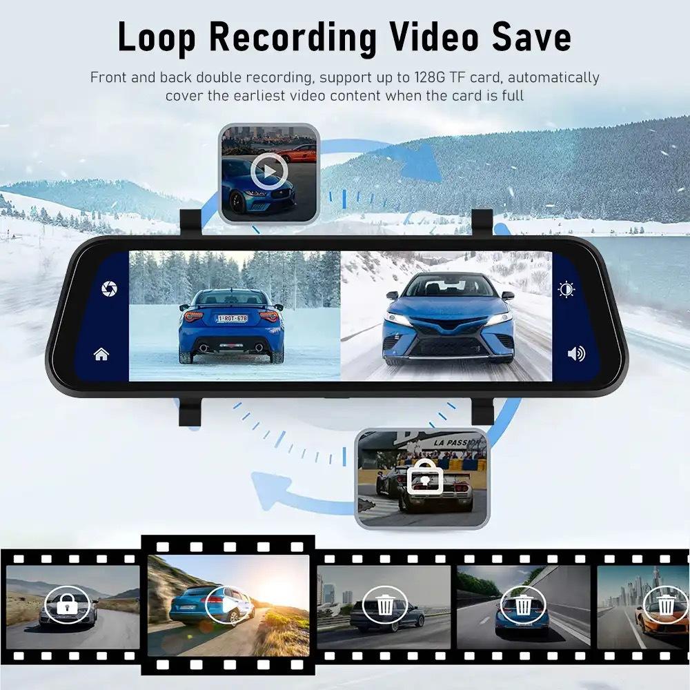 Espejo retrovisor con cámara dual HD, pantalla táctil de 9,66" y GPS integrado