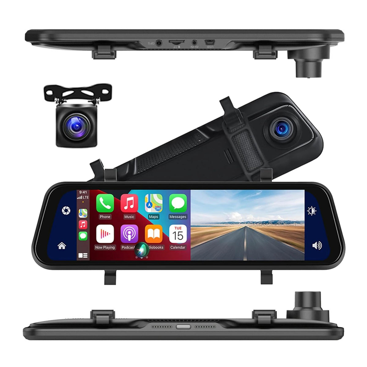 Espejo retrovisor con cámara dual HD, pantalla táctil de 9,66" y GPS integrado