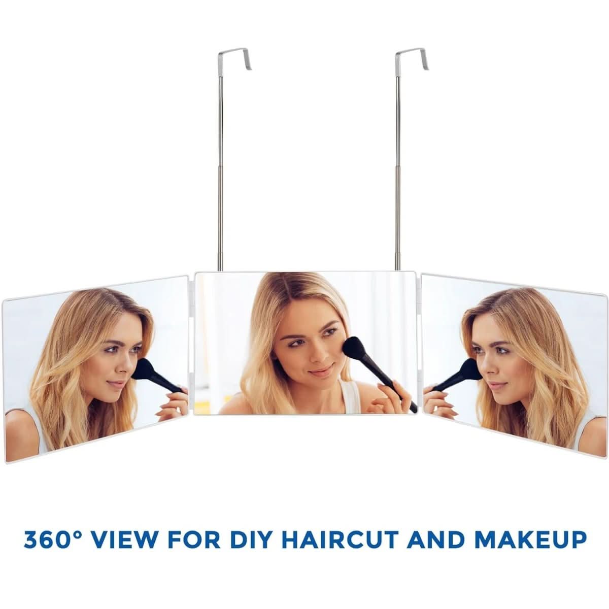 Espejo triple plegable con gancho para maquillaje, peinado y afeitado