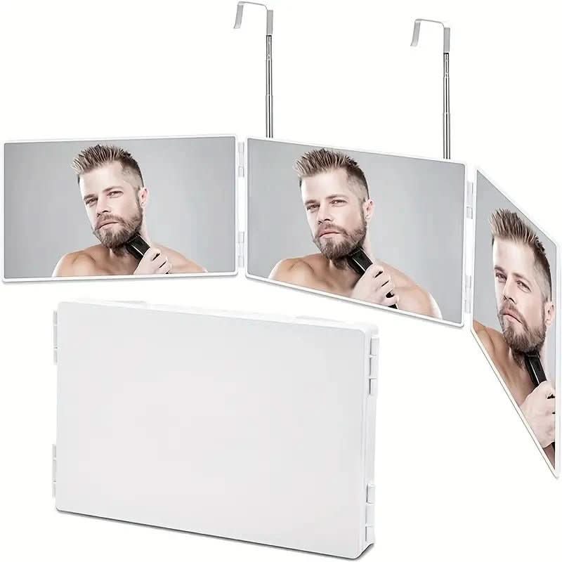 Espejo triple plegable con gancho para maquillaje, peinado y afeitado