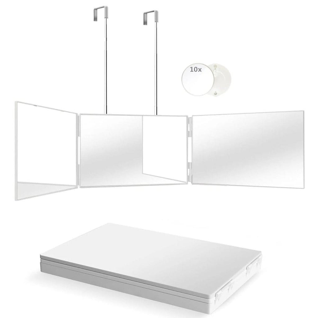 Espejo triple plegable con gancho para maquillaje, peinado y afeitado