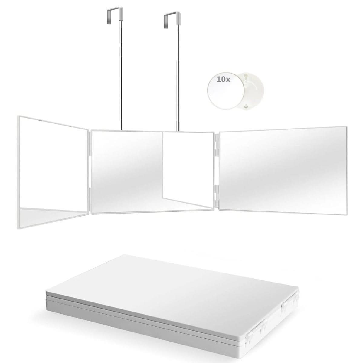 Espejo triple plegable con gancho para maquillaje, peinado y afeitado