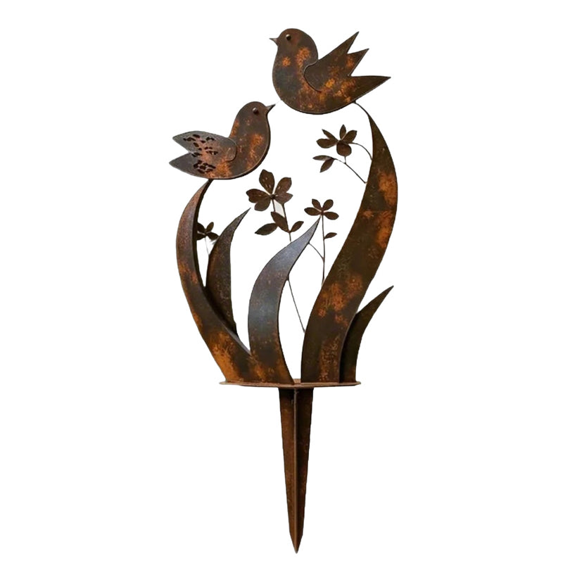 Estaca decorativa de jardín con silueta de pájaros y flores en hierro envejecido