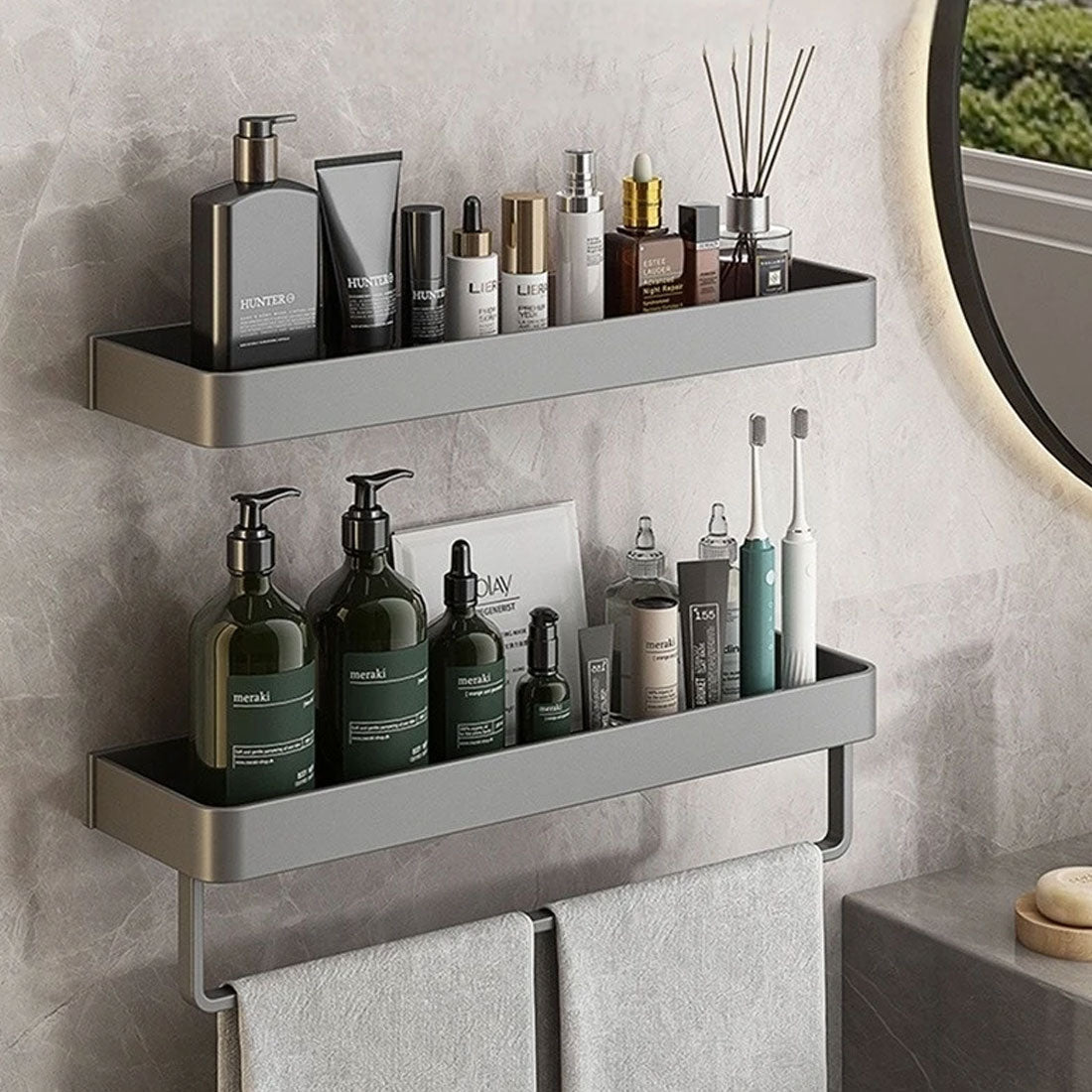 Estantería de baño gris moderna con barra para toallas opcional