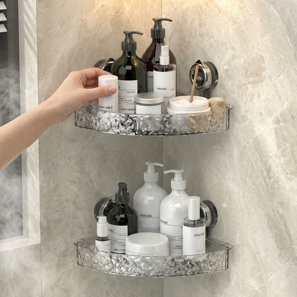 Estantería de esquina para baño con ventosas, impermeable | Gris o transparente, 2 niveles | Sin taladrar, secado rápido