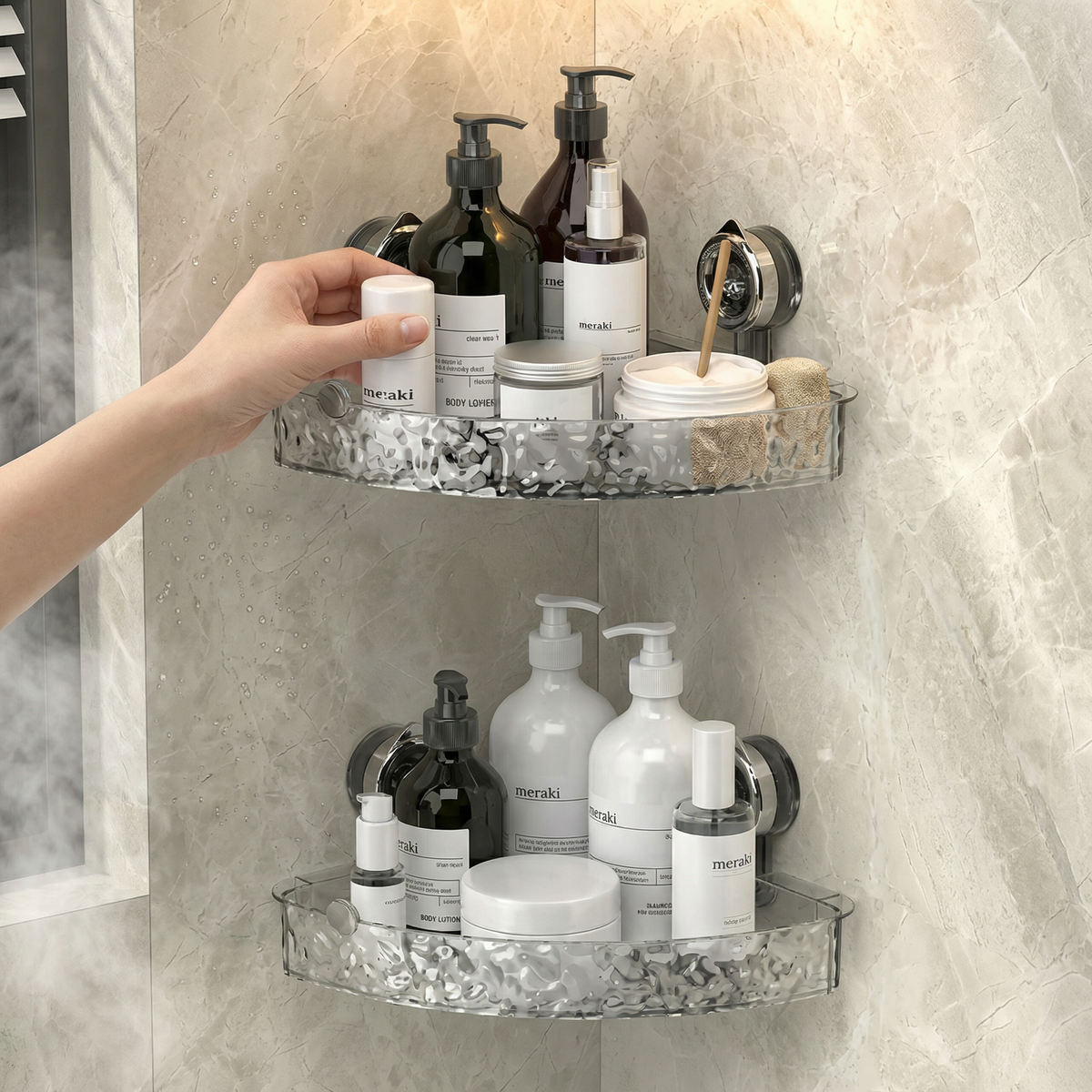 Estantería de esquina para baño con ventosas, impermeable | Gris o transparente, 2 niveles | Sin taladrar, secado rápido