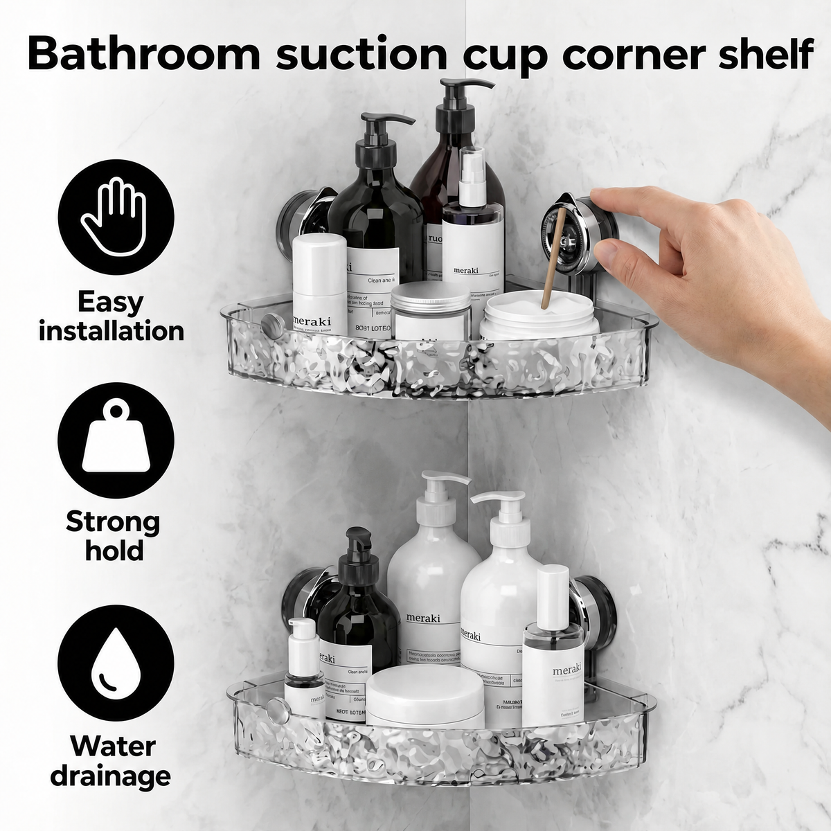 Estantería de esquina para baño con ventosas, impermeable | Gris o transparente, 2 niveles | Sin taladrar, secado rápido