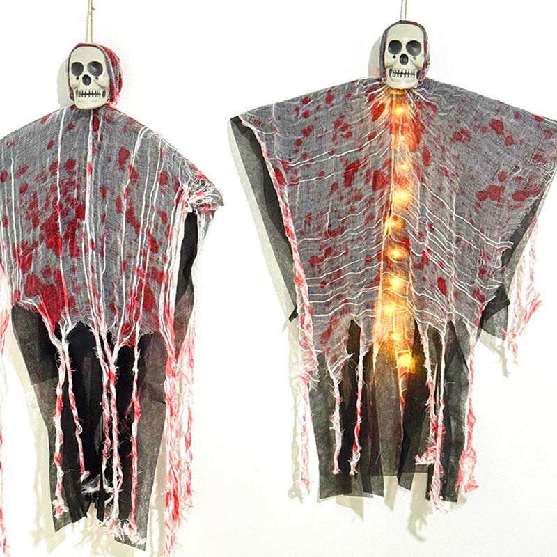 Fantasma colgante de Halloween con calavera, luces LED y gasa manchada de sangre, decoración para puerta, árbol e interi