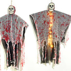 Fantasma colgante de Halloween con calavera, luces LED y gasa manchada de sangre, decoración para puerta, árbol e interi