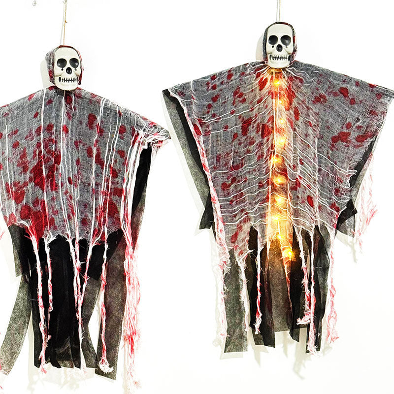 Fantasma colgante de Halloween con calavera, luces LED y gasa manchada de sangre, decoración para puerta, árbol e interi