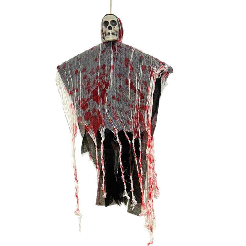 Fantasma colgante de Halloween con calavera, luces LED y gasa manchada de sangre, decoración para puerta, árbol e interi