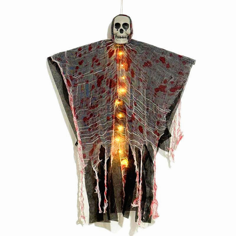 Fantasma colgante de Halloween con calavera, luces LED y gasa manchada de sangre, decoración para puerta, árbol e interi