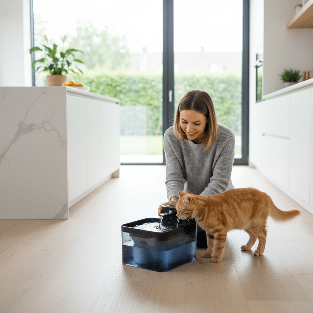Fuente de agua inteligente PUREFLOW con sensor de movimiento y filtración para gatos
