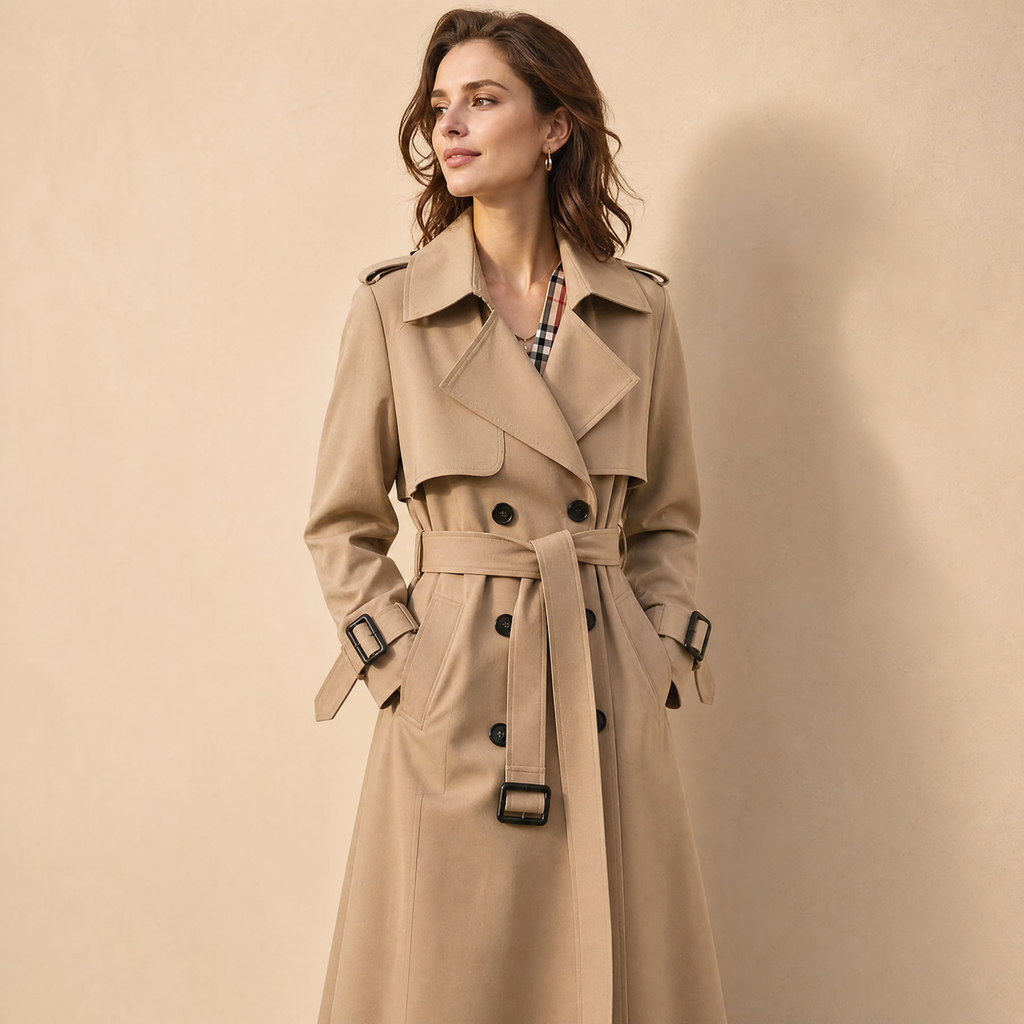 Gabardina de mujer larga cruzada con cinturón, hombreras y forro de cuadros, trench clásica en 7 colores, tallas XS a 3X