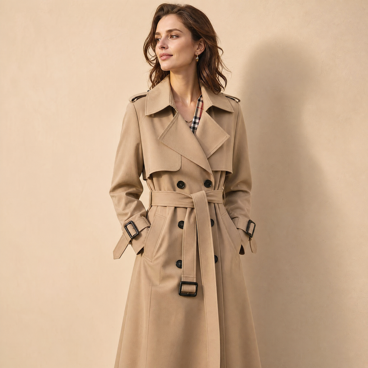 Gabardina de mujer larga cruzada con cinturón, hombreras y forro de cuadros, trench clásica en 7 colores, tallas XS a 3X