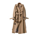 Gabardina de mujer larga cruzada con cinturón, hombreras y forro de cuadros, trench clásica en 7 colores, tallas XS a 3X