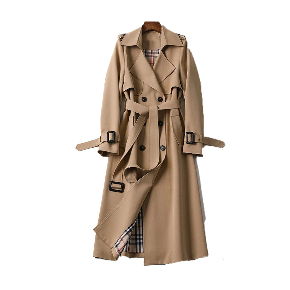 Gabardina de mujer larga cruzada con cinturón, hombreras y forro de cuadros, trench clásica en 7 colores, tallas XS a 3X