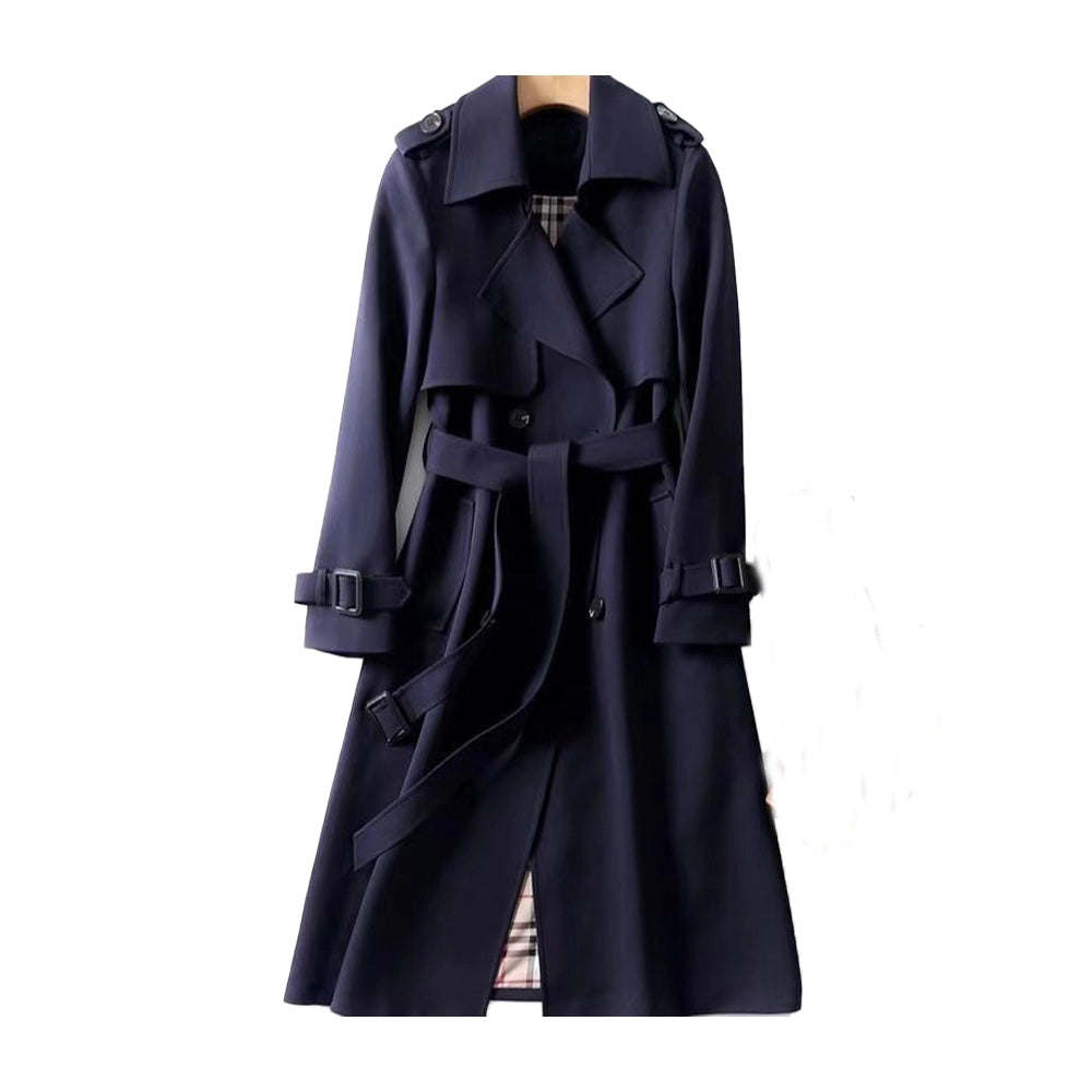 Gabardina de mujer larga cruzada con cinturón, hombreras y forro de cuadros, trench clásica en 7 colores, tallas XS a 3X