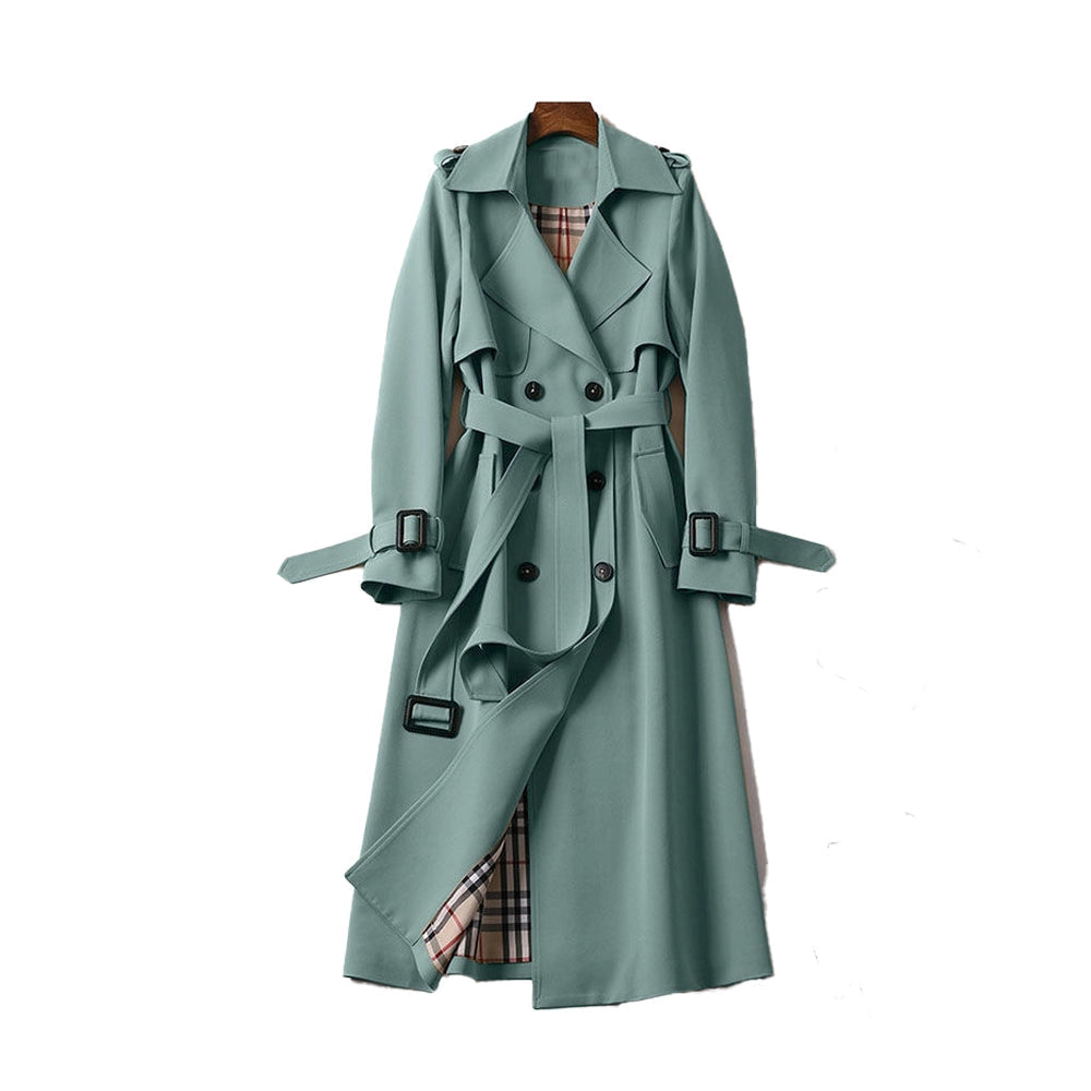 Gabardina de mujer larga cruzada con cinturón, hombreras y forro de cuadros, trench clásica en 7 colores, tallas XS a 3X