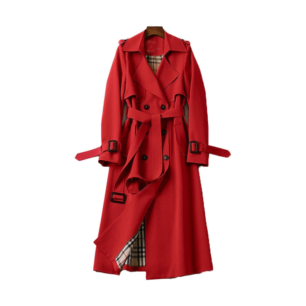 Gabardina de mujer larga cruzada con cinturón, hombreras y forro de cuadros, trench clásica en 7 colores, tallas XS a 3X