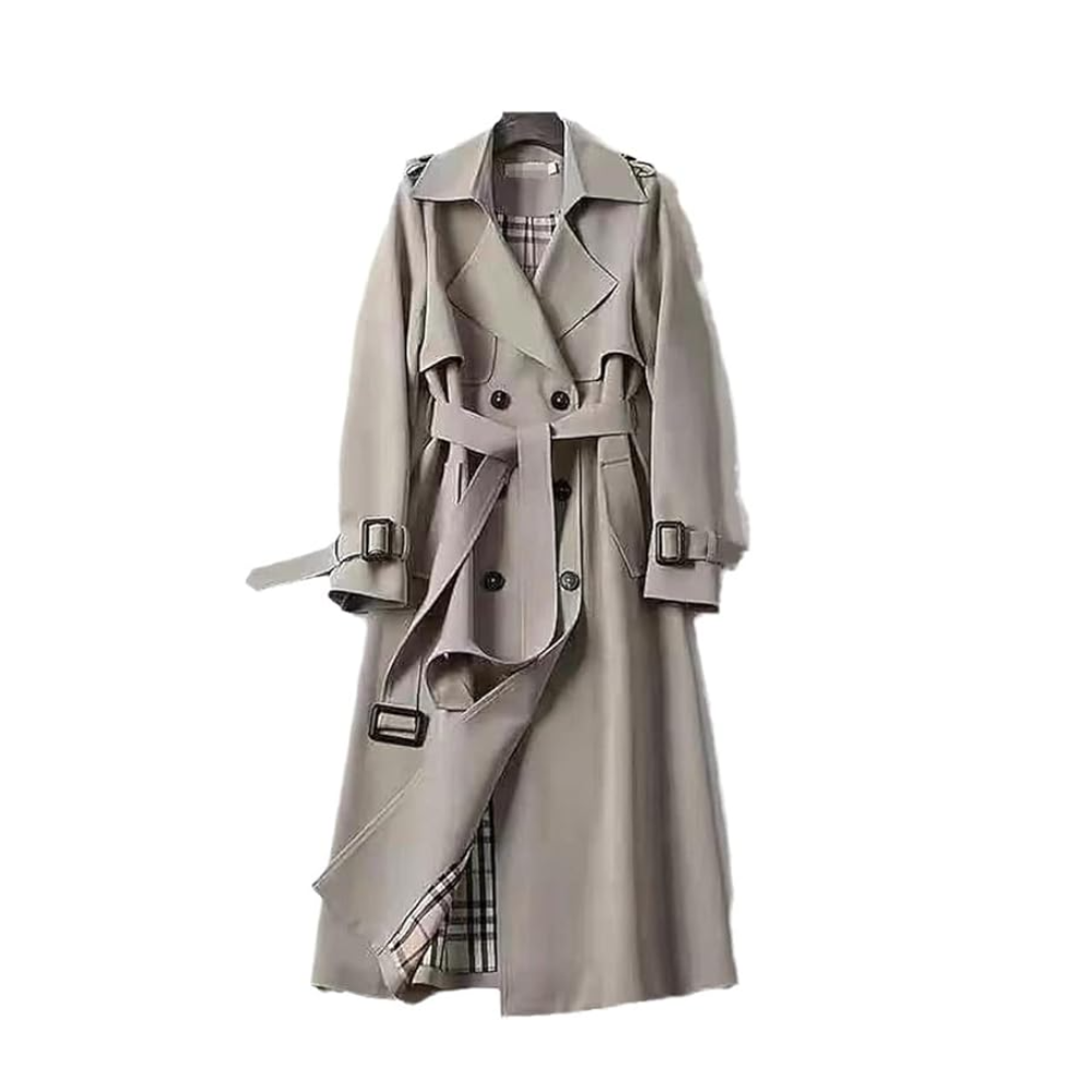 Gabardina de mujer larga cruzada con cinturón, hombreras y forro de cuadros, trench clásica en 7 colores, tallas XS a 3X