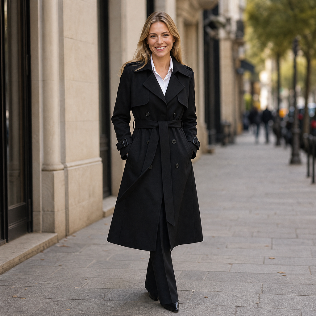 Gabardina larga de mujer con doble botonadura y cinturón, solapas anchas, hombreras y puños con hebilla, para oficina y 