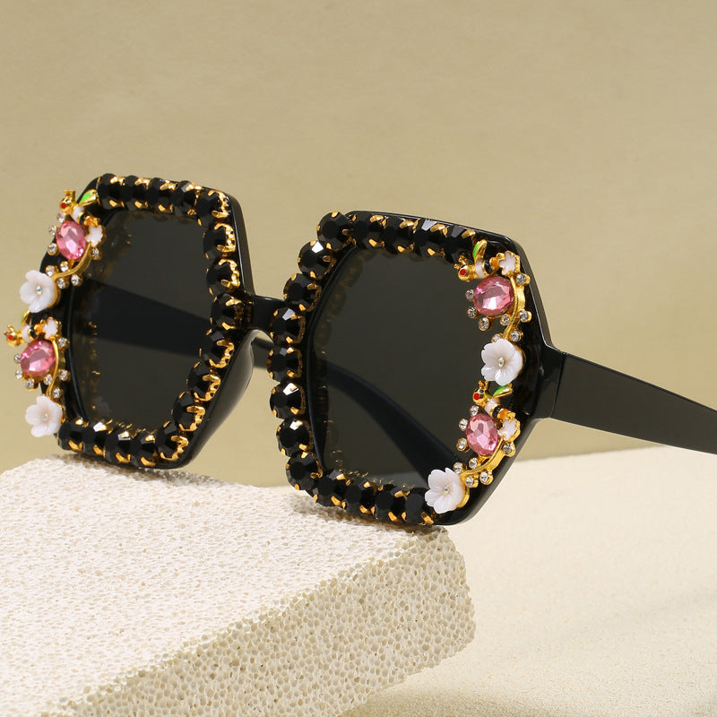 Gafas de sol hexagonales extravagantes para mujer con adorno de cristales