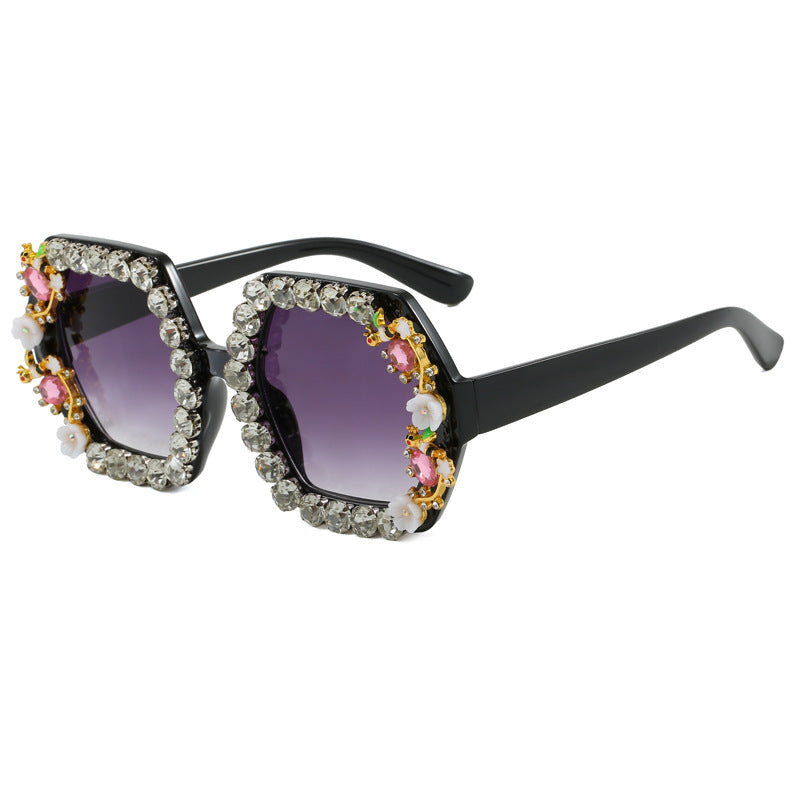 Gafas de sol hexagonales extravagantes para mujer con adorno de cristales
