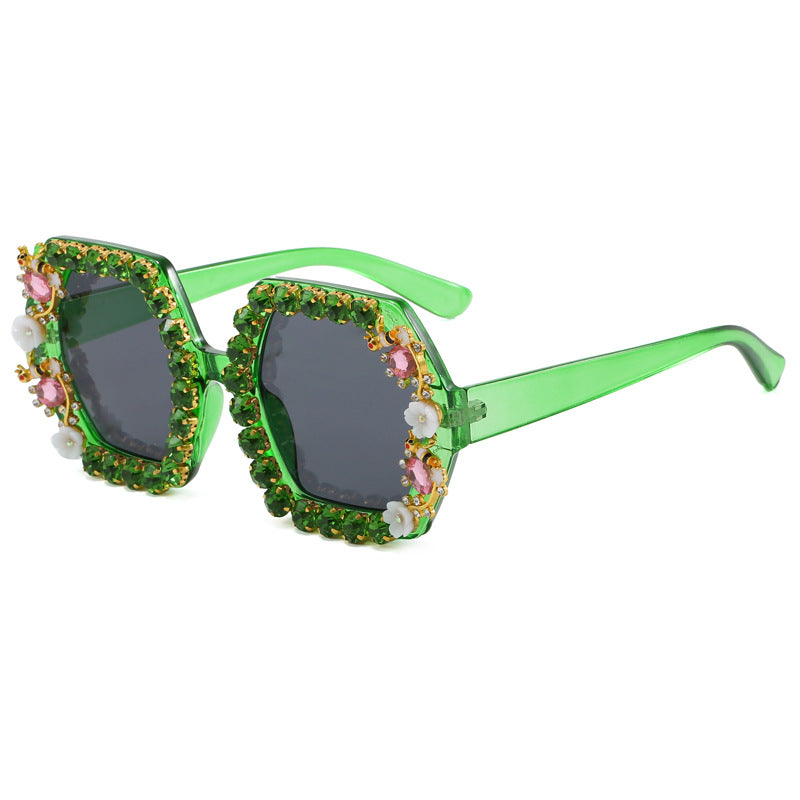 Gafas de sol hexagonales extravagantes para mujer con adorno de cristales