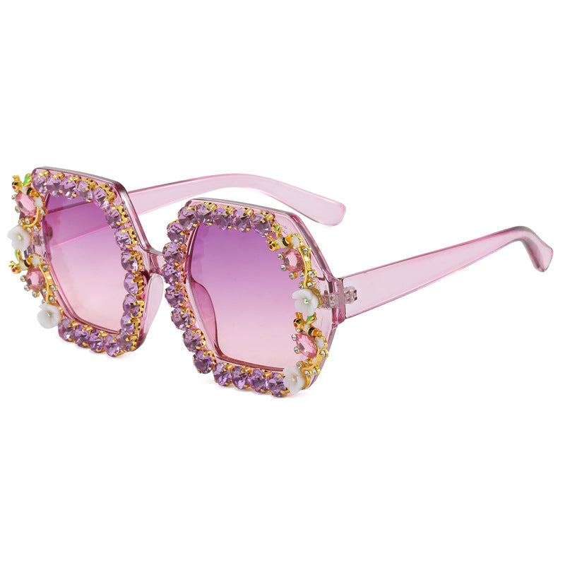 Gafas de sol hexagonales extravagantes para mujer con adorno de cristales
