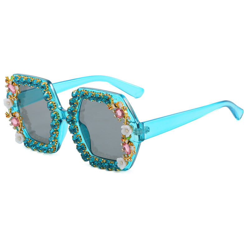 Gafas de sol hexagonales extravagantes para mujer con adorno de cristales