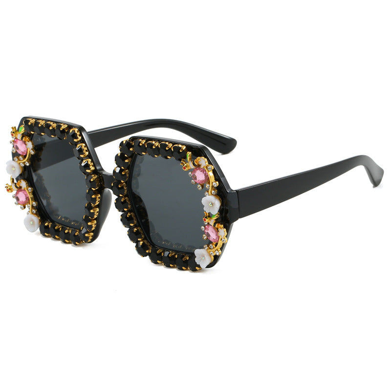 Gafas de sol hexagonales extravagantes para mujer con adorno de cristales