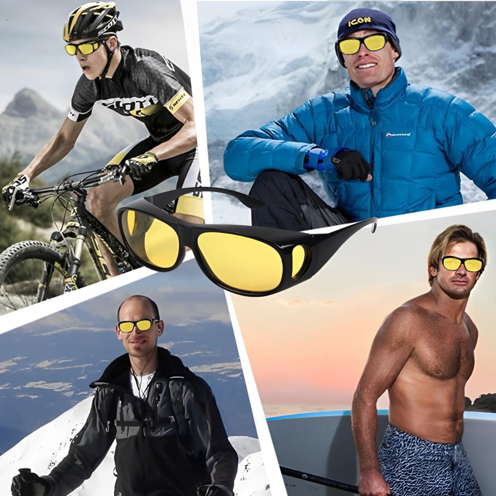 Gafas para conducir de noche con lentes ámbar y lentes laterales, se ajustan sobre gafas graduadas, policarbonato ligero
