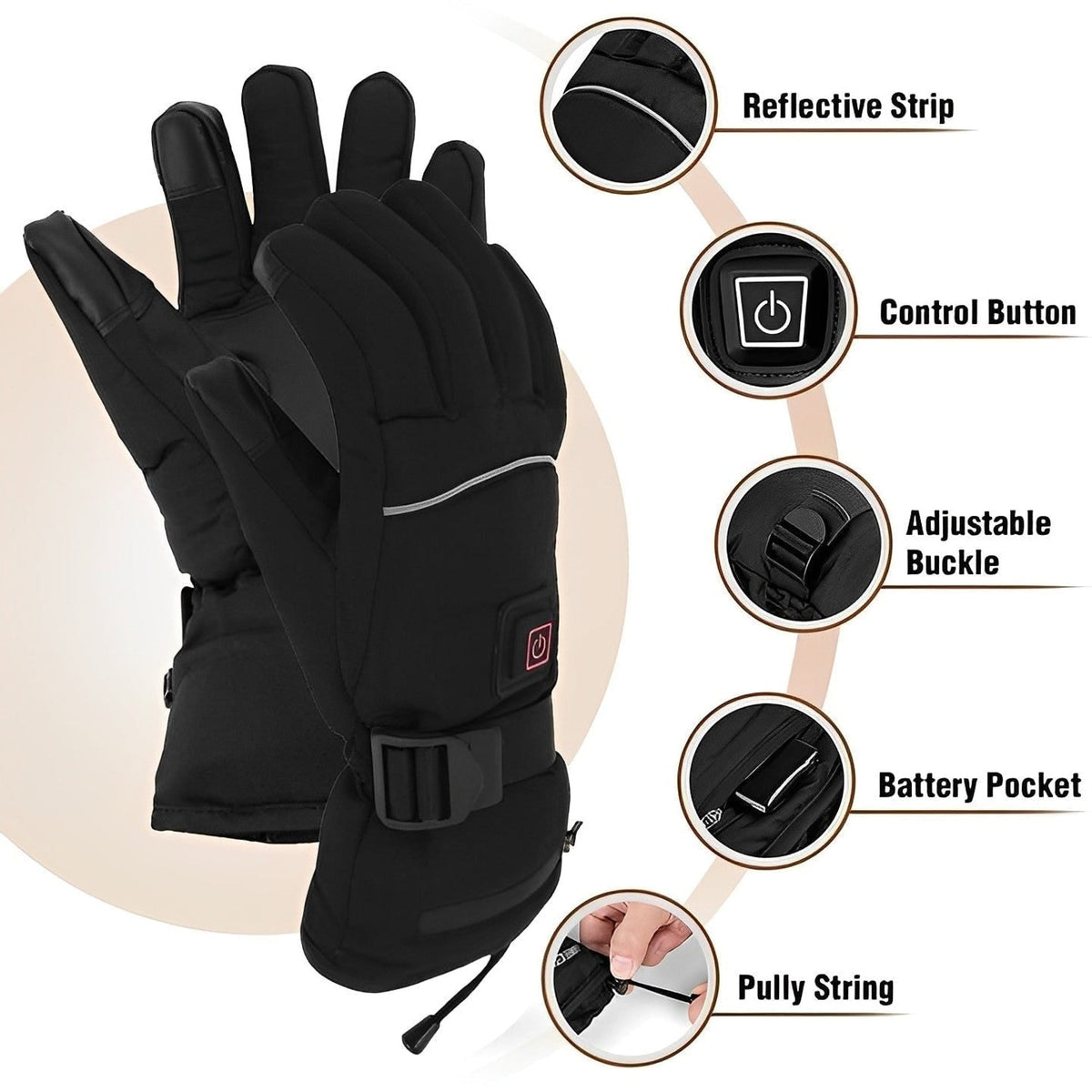 Guantes calefactables para manos frías con yemas táctiles y correa impermeable en la muñeca
