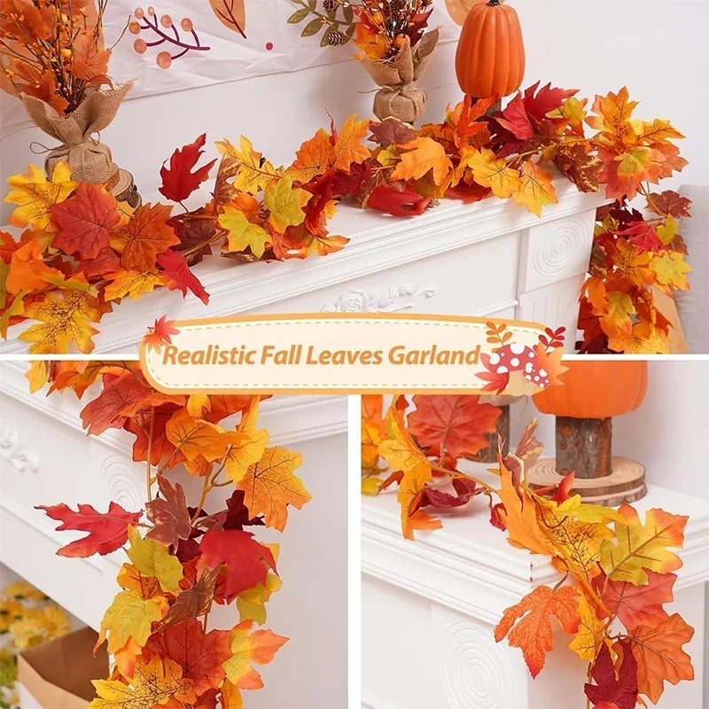 Guirnalda de hojas de otoño con hojas de arce artificiales, 2 metros, hojas de tela y plástico de 9-10 cm para puertas, 
