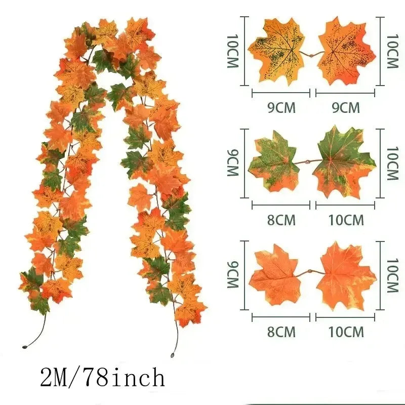 Guirnalda de hojas de otoño con hojas de arce artificiales, 2 metros, hojas de tela y plástico de 9-10 cm para puertas, 
