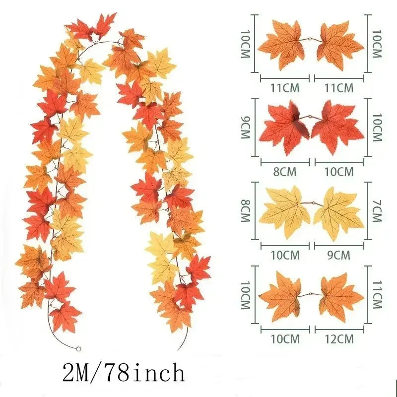 Guirnalda de hojas de otoño con hojas de arce artificiales, 2 metros, hojas de tela y plástico de 9-10 cm para puertas, 