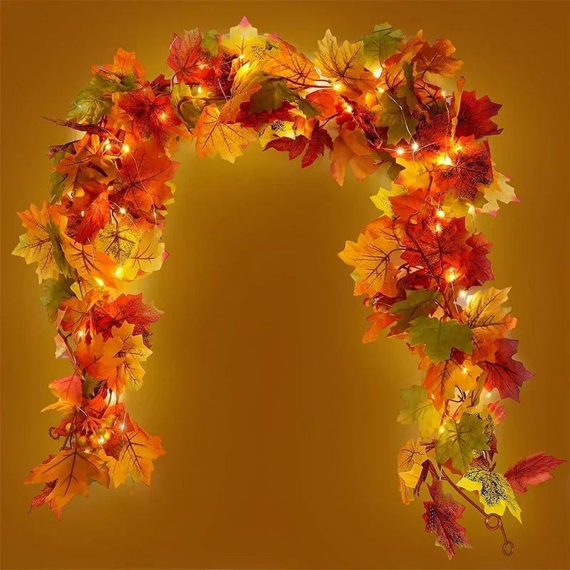Guirnalda de hojas de otoño con hojas de arce artificiales, 2 metros, hojas de tela y plástico de 9-10 cm para puertas, 