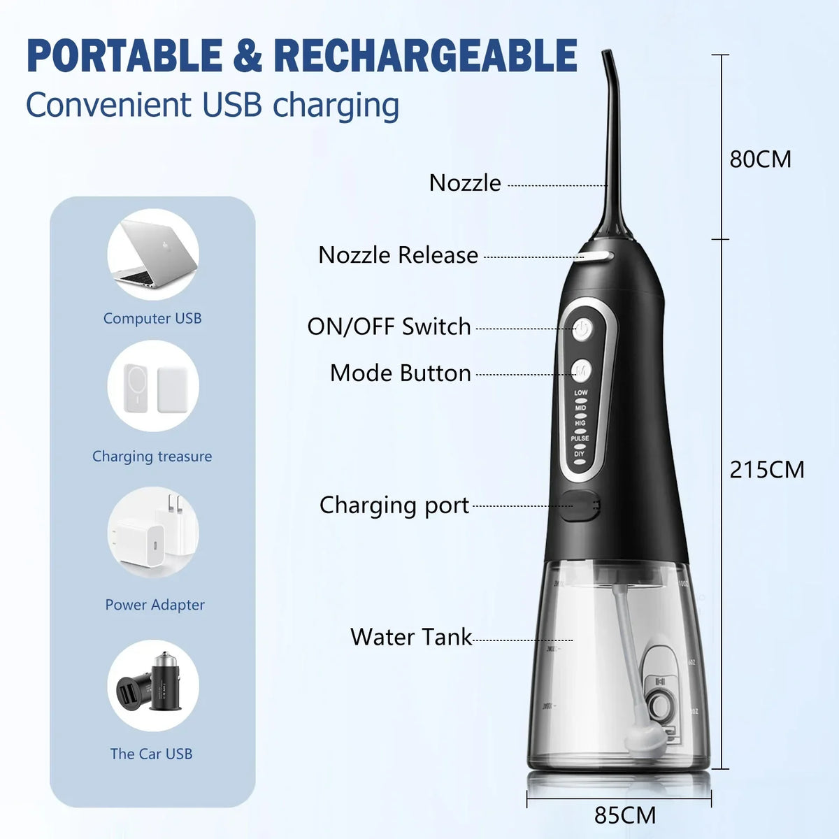 Irrigador dental portátil recargable USB