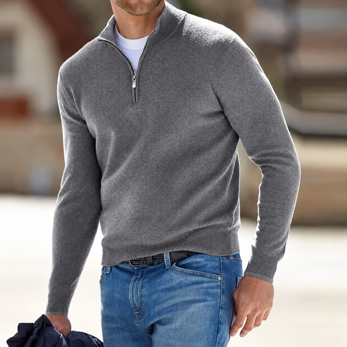 Jersey de cachemir con cremallera para hombre, manga larga