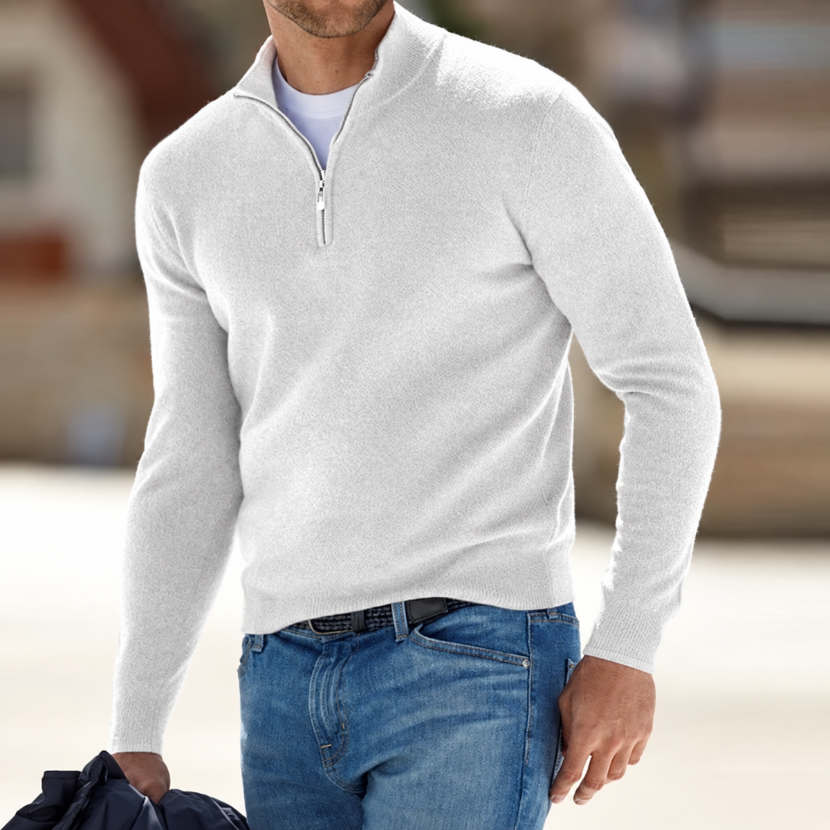 Jersey de cachemir con cremallera para hombre, manga larga