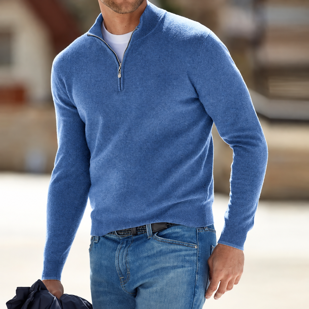 Jersey de cachemir con cremallera para hombre, manga larga