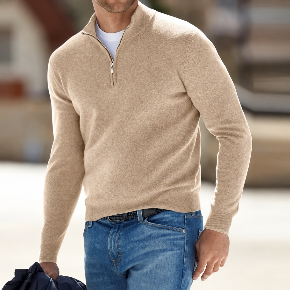 Jersey de cachemir con cremallera para hombre, manga larga