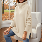 Jersey de cuello vuelto para mujer, punto oversize con mangas acanaladas y aberturas laterales, 9 colores, tallas S a 2X