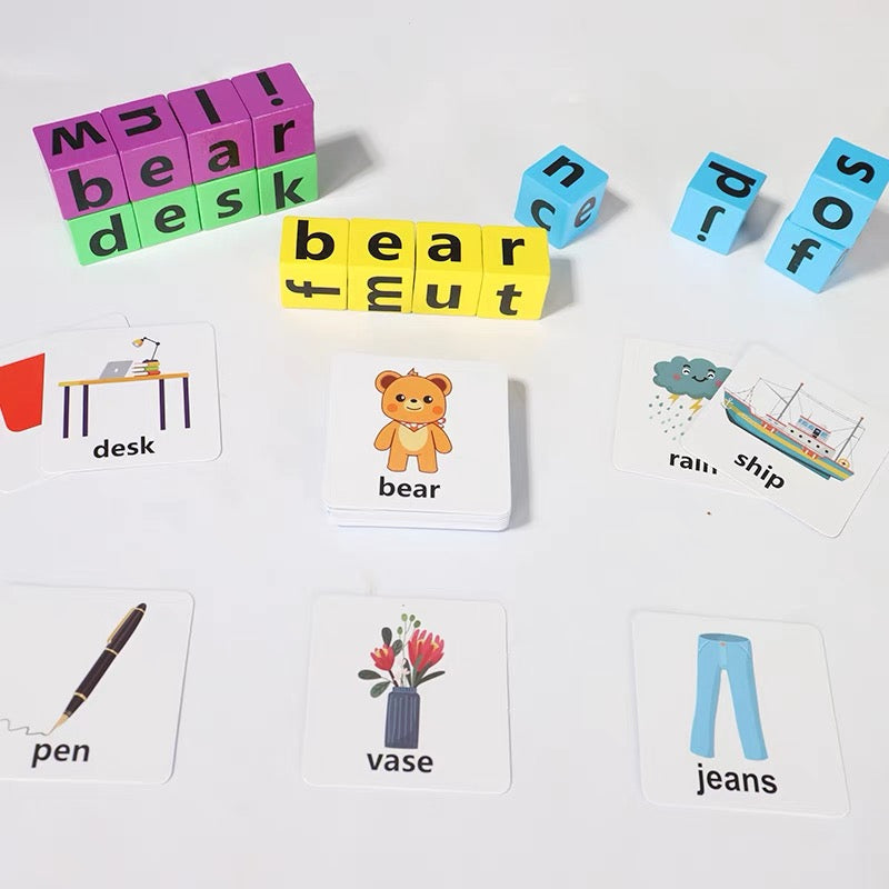 Juego de deletreo con bloques de madera y tarjetas ilustradas