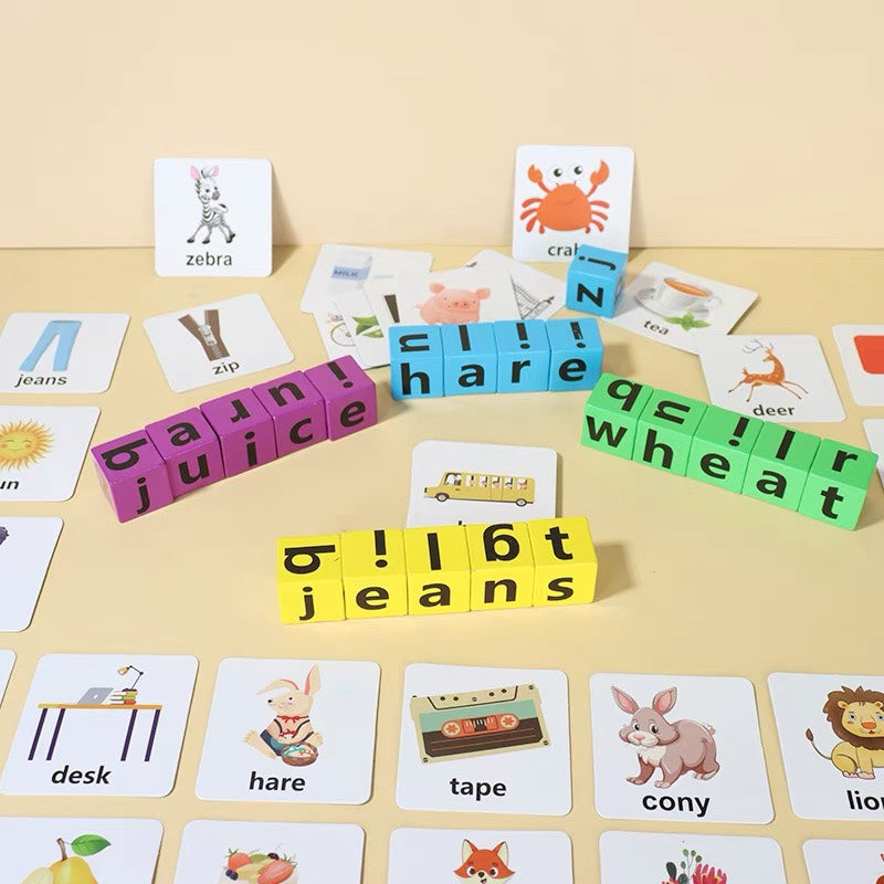 Juego de deletreo con bloques de madera y tarjetas ilustradas
