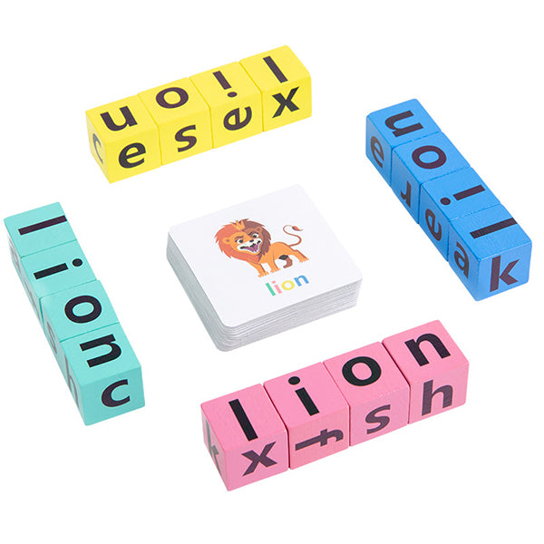 Juego de deletreo con bloques de madera y tarjetas ilustradas